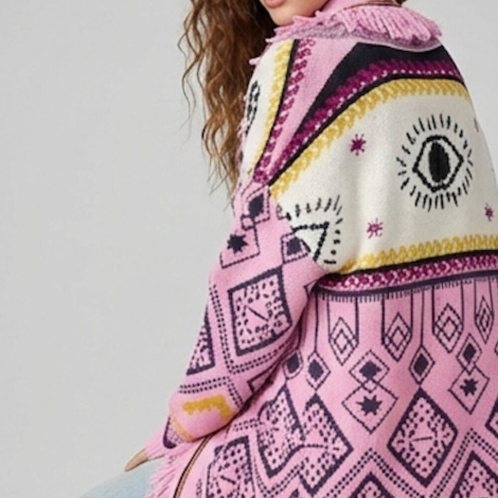Pink Geometric Aztec Print Fringe Cardigan - Picture 6 of 15